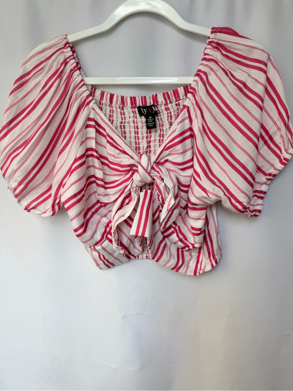 Summer Pink Striped Tie-Front Puff Sleeve Crop Top, Medium